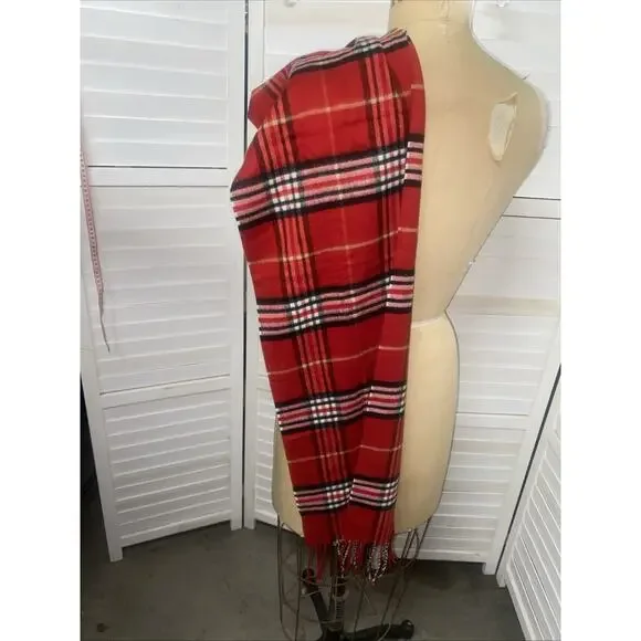 New W/ Tags V. Fraas Cashmink Red, Black & White Plaid Scarf Fringes 54”x 11” - Picture 6 of 7